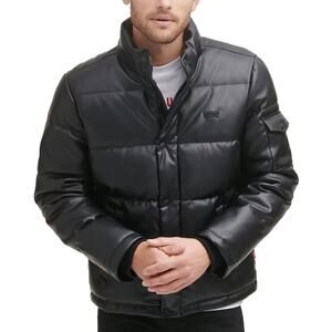 Levi's Men's Faux Leather Puffer Jacket - Black Matte Quilted Padded Parka -Sz L